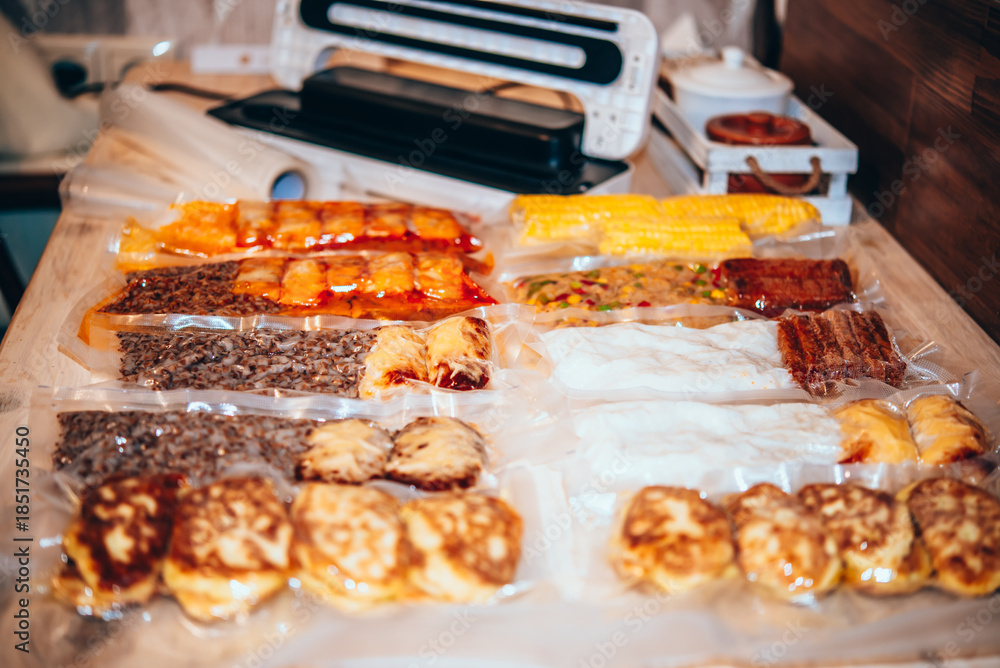 Fototapeta premium Weekly meal prep: vacuum-packed lunches in plastic bags with cutlets, buckwheat, fish, rice, and vegetables
