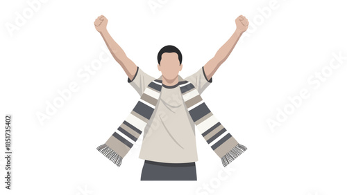 A cheering male fan with a striped scarf raising his arms in celebration, showing excitement and support.