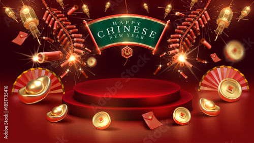 3D realistic red podium for Chinese New Year product display with traditional lanterns, scroll, exploding firecrackers, and gold ingots.