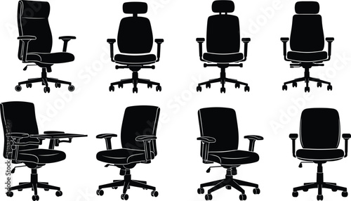 Set of Ergonomic Office Chair Silhouettes, Executive and Task Swivel Chairs with Armrests and Headrests, Black Vector Icons for Furniture, Business, and Workplace Design Elements