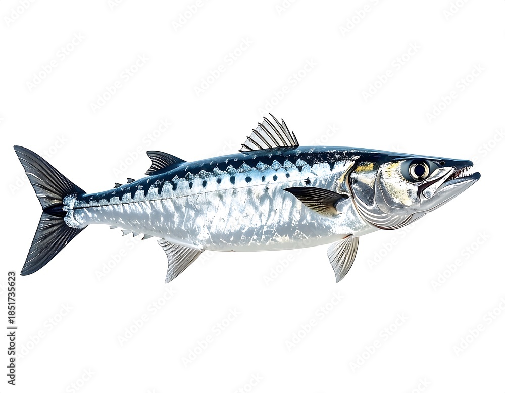 Fototapeta premium Barracuda isolated on white background showing sharp teeth streamlined body high resolution image