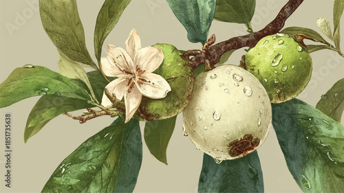guava fruit with leaves and flower on branch