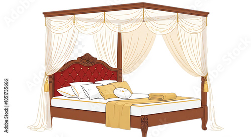 Elegant four-poster bed draped with luxurious cream fabric and adorned with golden tassels, creating a regal and inviting bedroom.