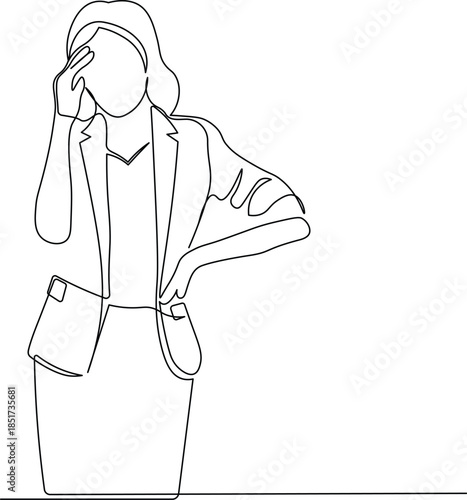 Continuous Line Illustration of Stressed Businesswoman Holding Head. Minimalist Line Art Concept of Work Pressure, Burnout, and Office Problem
