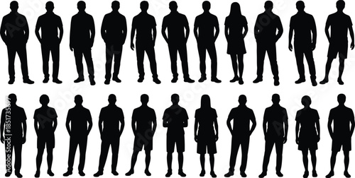 Black silhouette illustration of twenty diverse standing figures in casual poses – demographic, fashion, and posture reference set