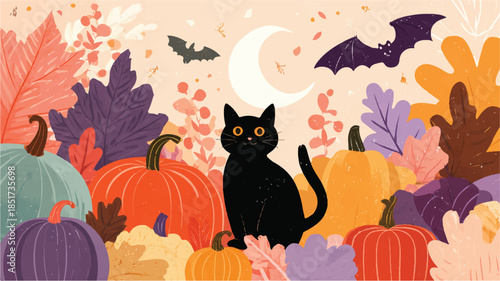 halloween scene with black cat and pumpkins and leaves