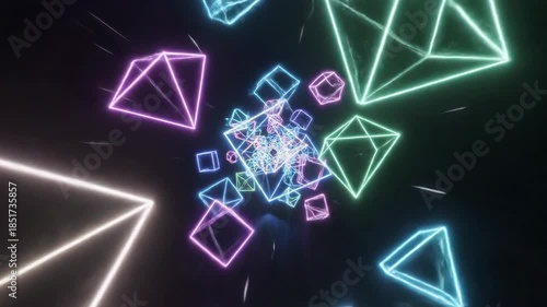 A dynamic digital tunnel with glowing neon wireframe shapes and colorful light trails creating a futuristic visual experience