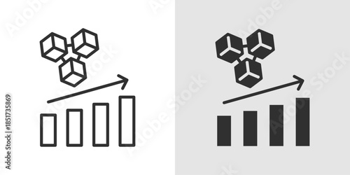 Blockchain Growth Icon showing interconnected blocks with an upward arrow, representing the expansion, development, and increasing adoption of blockchain technology in a clean, modern style.