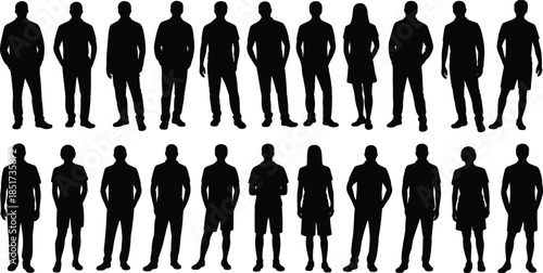 Black silhouette illustration of twenty diverse standing human figures with varied clothing and posture – demographic and fashion reference