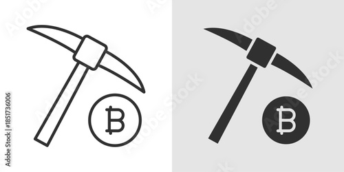 Bitcoin Mining Icon featuring a bitcoin symbol combined with a pickaxe, gear, or server elements, representing cryptocurrency mining.