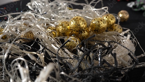 Christmas decorations waste. Fairy lights, LEDs and electronics. Used electric garland recycling