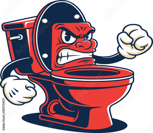 Angry Aggressive Toilet Character Mascot Clenching Fist and Gritting Teeth, Vintage Retro Cartoon Illustration of Furious Red and Blue Bathroom Fixture Ready to Fight, Plumbing Vector Logo Design