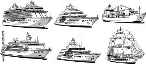 WebShip silhouette illustration, cruise yacht cargo sailing vessels, maritime transport icons, black vector design, ocean travel graphic, nautical theme