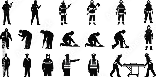 Emergency personnel silhouettes, police firefighter paramedic icons, public safety vector, rescue action poses, black illustration, uniformed responders, crisis response design