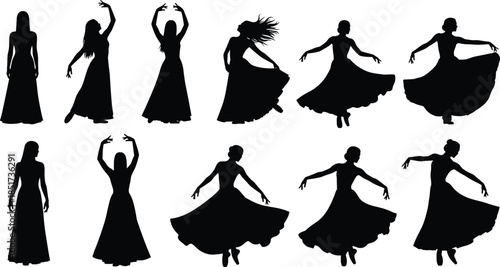 Dance silhouette illustration, women in flowing dresses, expressive movement poses, black vector icons, choreography design, graceful posture, artistic gesture, performance art