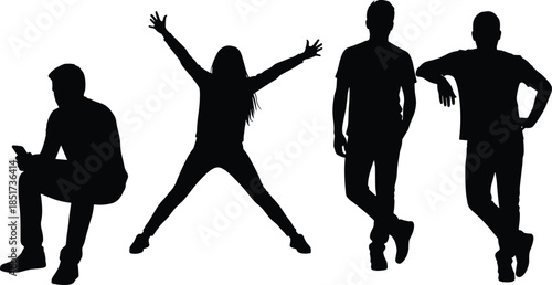Teenager silhouettes standing and posing, youth lifestyle concept, black teen figures isolated on white background, modern people silhouette illustration set