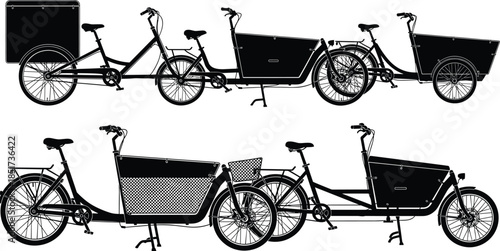 Cargo bicycle silhouettes, delivery bike icons, transport vector, front and rear box design, three-wheel bike, black illustration, urban mobility, eco transport