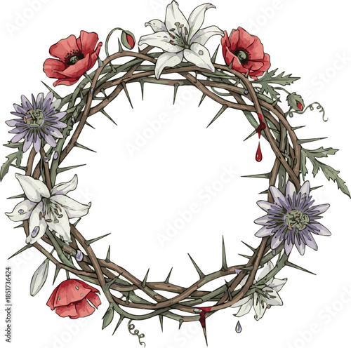Create A Crown of Thorns with Flowers, Easter Religious Symbol Watercolor Illustration Isolated on White Background.
