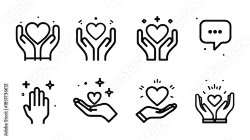 line icons of hands holding hearts and speech bubbles