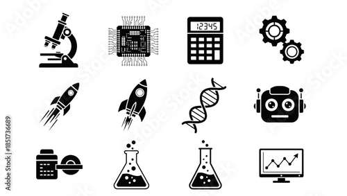 This image displays a grid of nine black icons on a white background, symbolizing various aspects of science, technology, engineering, and mathematics (STEM). 