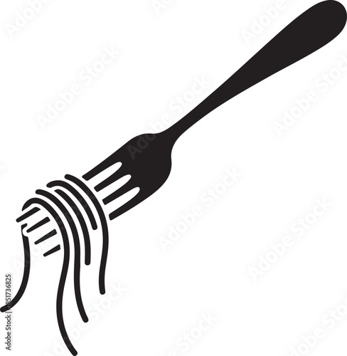 Minimalist black fork silhouette with white spaghetti noodles on plain background, elegant food concept in high-contrast design
