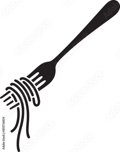 Minimalist black fork silhouette with white spaghetti noodles on plain background, elegant food concept in high-contrast design