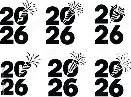 Set of Minimalist black 2026 numbers with party popper exploding silhouette vector icon