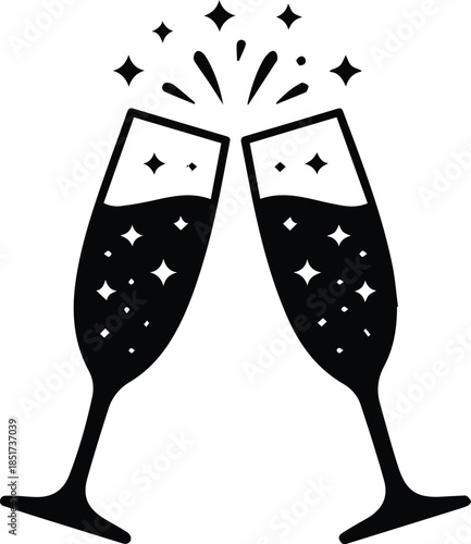 Minimalist black two champagne flutes clinking with stars silhouette vector icon