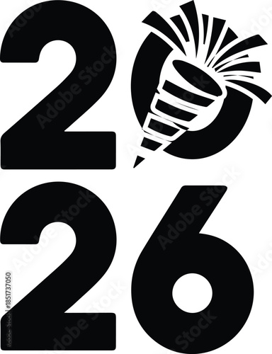 Minimalist black 2026 numbers with party popper exploding silhouette vector icon