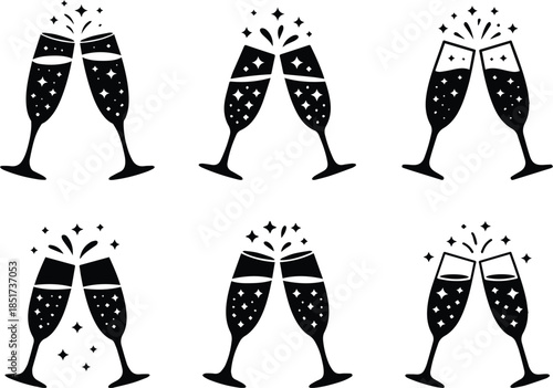Set of Minimalist black two champagne flutes clinking with stars silhouette vector icon