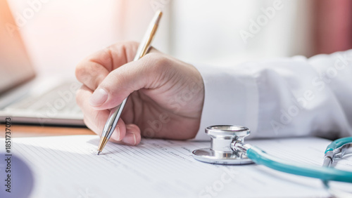 Medical equipment, stethoscope and notepad clipboard with patient discharge health record paperwork on doctor's work desk background for medic care, healthcare appointment, checkup exam or diagnosis