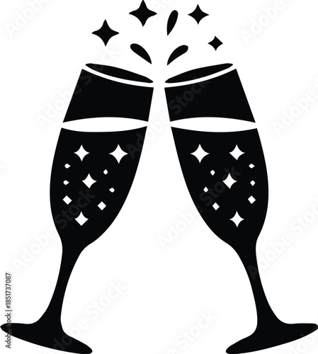 Minimalist black two champagne flutes clinking with stars silhouette vector icon