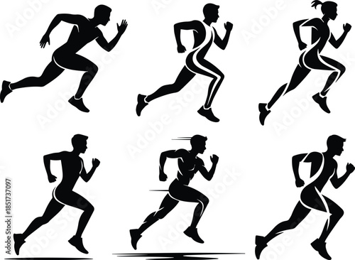 Set of Minimalist black person jogging with sleek athletic form silhouette vector icon