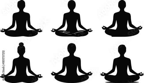 Set of Minimalist black person in lotus pose meditation silhouette vector icon