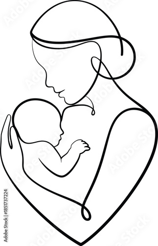 A single continuous line forms an illustration of a loving mother gently cradling her newborn baby