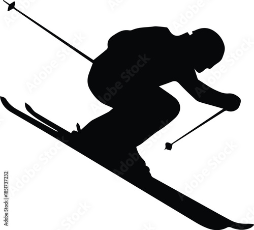 Minimalist black skier in downhill action pose silhouette vector icon