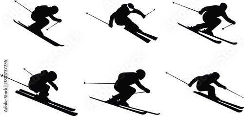 Set of Minimalist black skier in downhill action pose silhouette vector icon