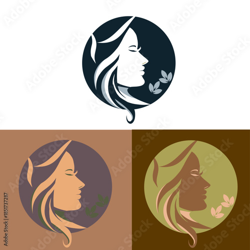 beauty woman logo green color design for salon, makeover, hair stylist, hair cut. beauty vector with leaf logo design. beauty logo with leaf design elegant