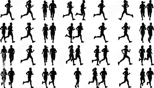 Grid of running silhouettes showing diverse human motion, athletic poses, and dynamic energy across genders and styles.