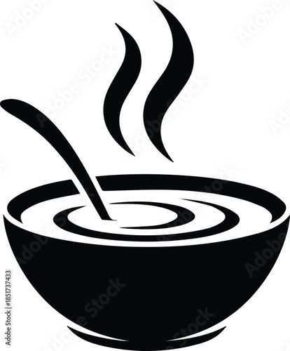 Minimalist black steaming bowl of soup with a spoon silhouette vector icon