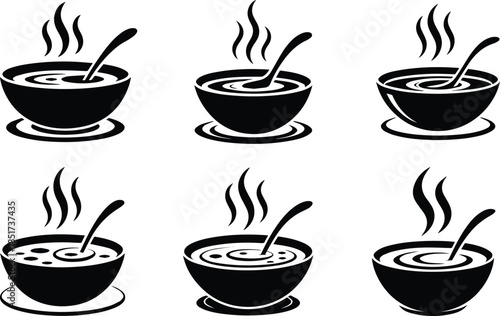 Minimalist black steaming bowl of soup with a spoon silhouette vector icon