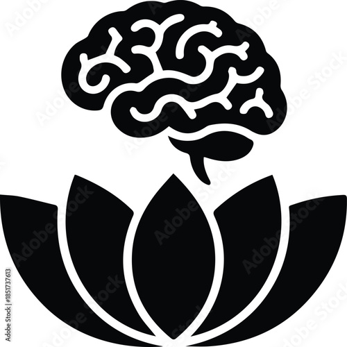 Minimalist black human brain inside lotus flower silhouette vector icon