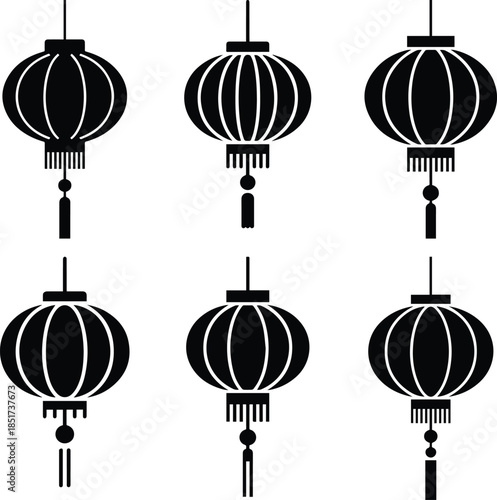 Set of Minimalist black Chinese lantern with simple tassels silhouette vector icon