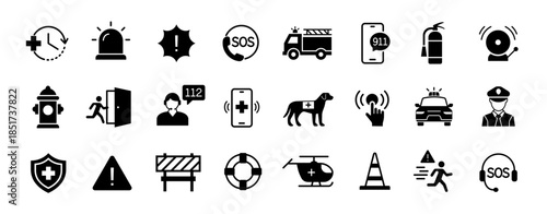 Emergency icon set. SOS and warning symbol. Vector illustration.