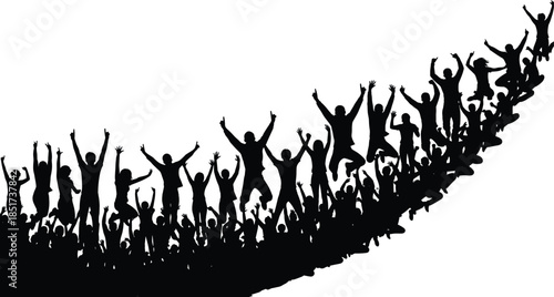 Black silhouette of an ecstatic crowd of people jumping and cheering on an upward curve, symbolizing dynamic growth, motivation, financial success, rapid progress, and collective achievement.