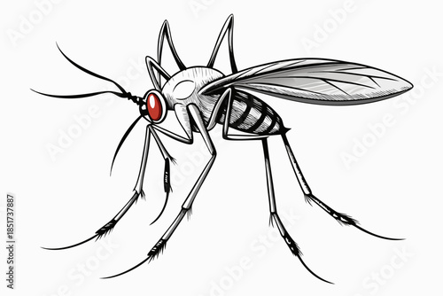 High-quality vector illustration of a mosquito in detailed line art style. This black and white insect outline is perfect for educational materials, biology textbooks, scientific posters, and healthca