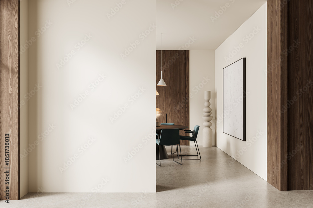 Obraz premium Modern interior with clean empty wall and stylish dining area for poster mockup or design presentation concept in bright minimalist setting. 3D Rendering