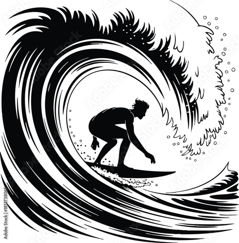 Action Surfer in a Barrel Wave Graphic, Surfing Silhouette Line Art, Big Wave Tube Riding Illustration, Coastal Sports Vector Design, silhouette, illustration, vector