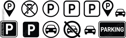 Icon set of 14 black parking and vehicle symbols including “P” signs, no parking indicators, car icons, and map pins