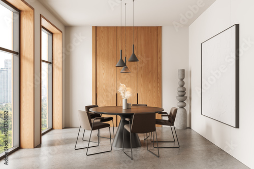 Modern dining room interior with round table, chairs, pendant lights, wooden accents and blank wall art mockup in bright minimalist layout concept. 3D Rendering